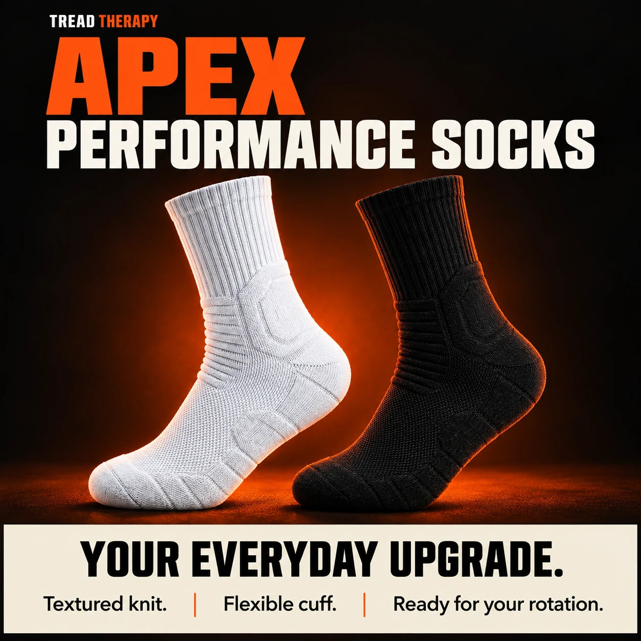 Apex Performance Socks in black and white with textured knit, flexible cuffs and everyday comfort messaging