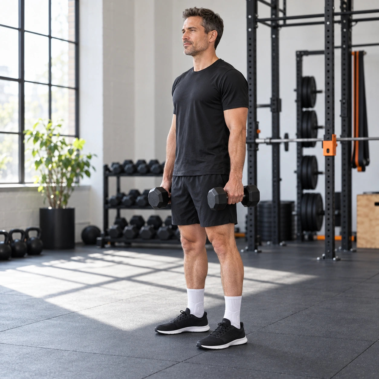 A man standing upright with dumbbells in a bright indoor gym, wearing white Tread Therapy crew socks and black trainers
