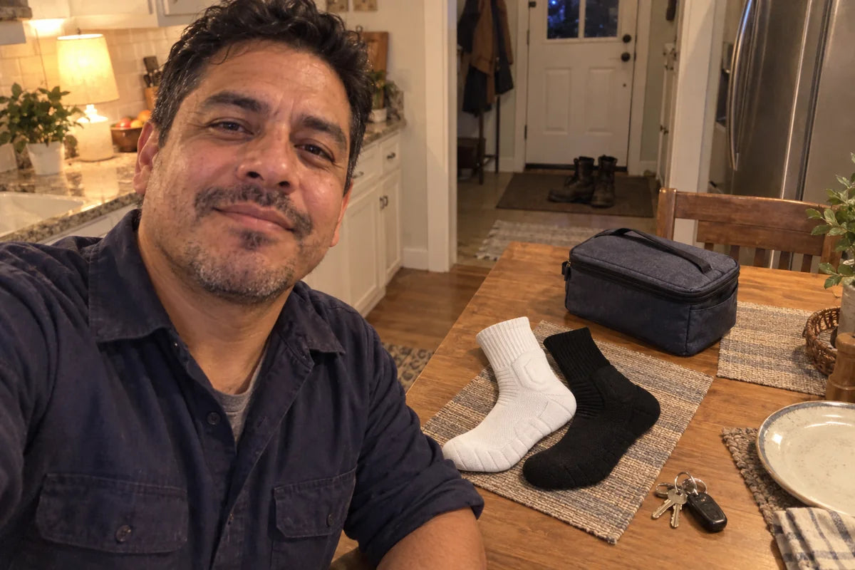 Illustrative casual evening selfie at home, with work boots by the door and black and white socks on the table